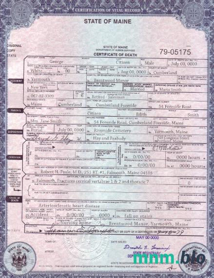 USA Maine state śmierć certyfikat szablon w formacie PSD